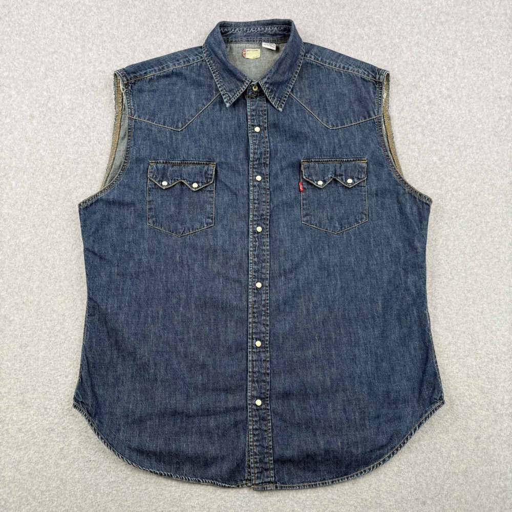 Vintage Levis Denim Vest Mens XL Blue Sleeveless Sawtooth Pearl Snap Western 90s